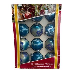 Vintage Blue Glass Tree Ornaments Set 12 Bear Stencil Glitter Pattern Made USA